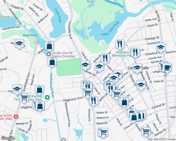 map of restaurants, bars, coffee shops, grocery stores, and more near 1055 Dexter Street in Central Falls