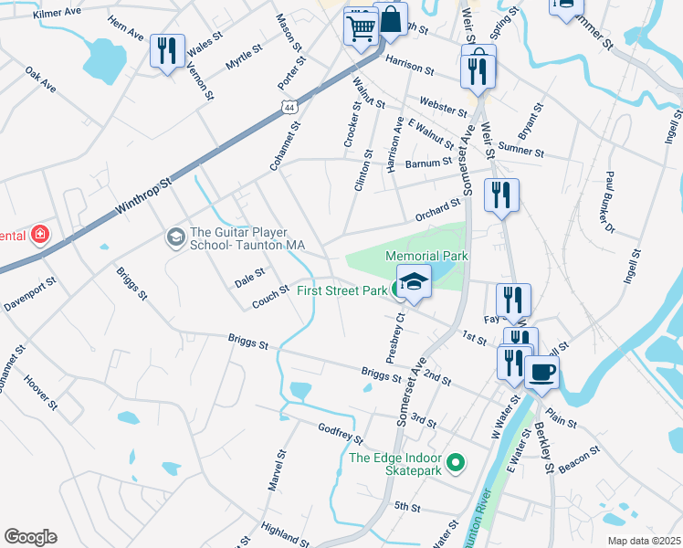map of restaurants, bars, coffee shops, grocery stores, and more near 56 West Weir Street in Taunton