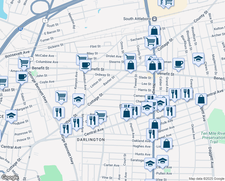 map of restaurants, bars, coffee shops, grocery stores, and more near 29 Harris Street in Pawtucket
