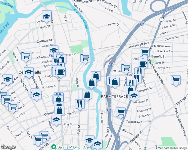 map of restaurants, bars, coffee shops, grocery stores, and more near 8 Branch Street in Pawtucket
