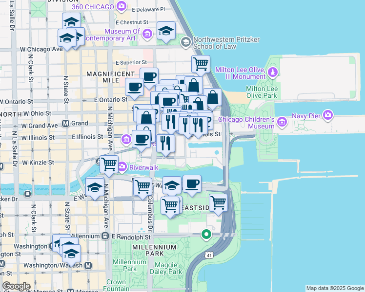 map of restaurants, bars, coffee shops, grocery stores, and more near 440 North McClurg Court in Chicago