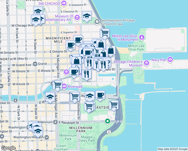 map of restaurants, bars, coffee shops, grocery stores, and more near 440 North McClurg Court in Chicago