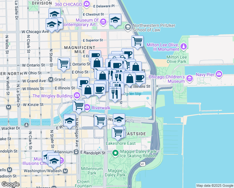 map of restaurants, bars, coffee shops, grocery stores, and more near 324 East Illinois Street in Chicago
