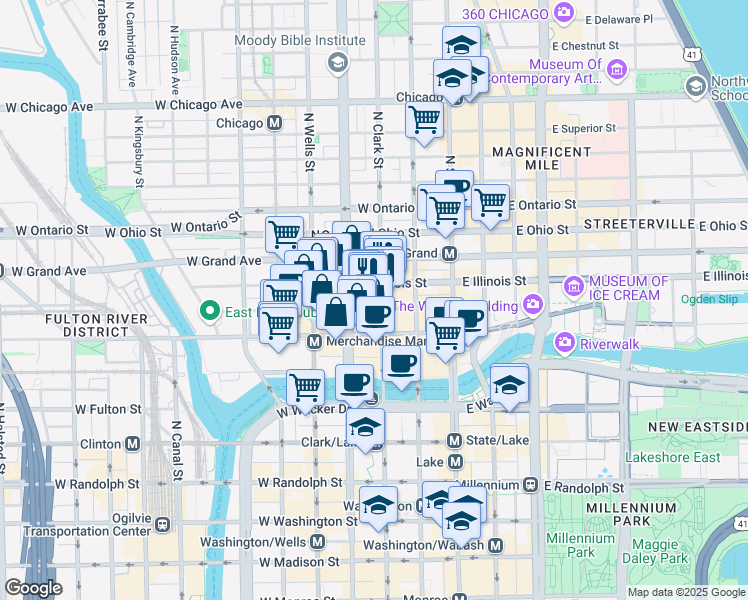 map of restaurants, bars, coffee shops, grocery stores, and more near 111 West Illinois Street in Chicago