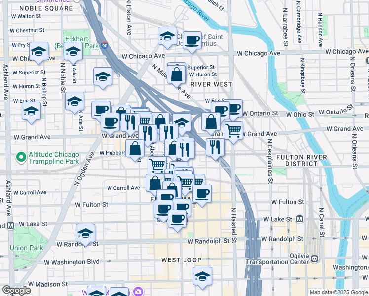map of restaurants, bars, coffee shops, grocery stores, and more near 456 North Morgan Street in Chicago