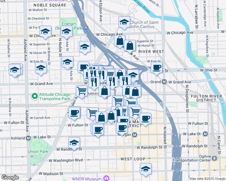 map of restaurants, bars, coffee shops, grocery stores, and more near in Chicago
