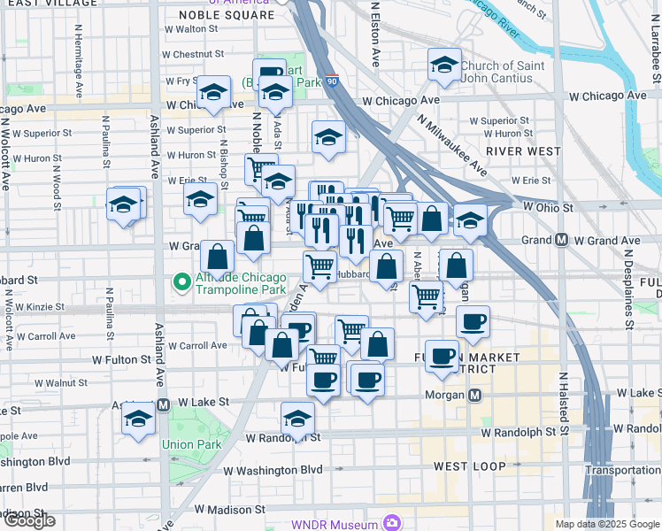 map of restaurants, bars, coffee shops, grocery stores, and more near in Chicago