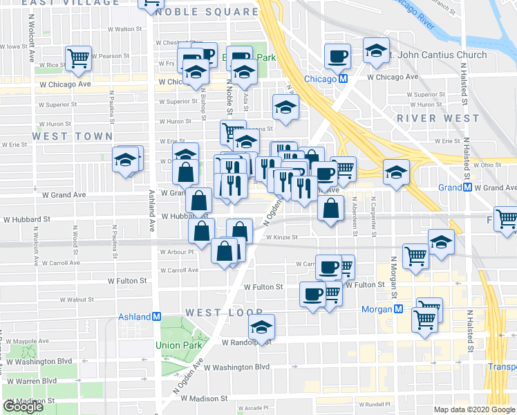 map of restaurants, bars, coffee shops, grocery stores, and more near 451 North Ogden Avenue in Chicago