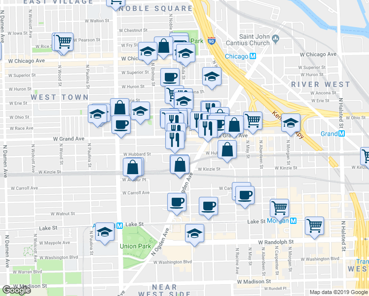 map of restaurants, bars, coffee shops, grocery stores, and more near in Chicago