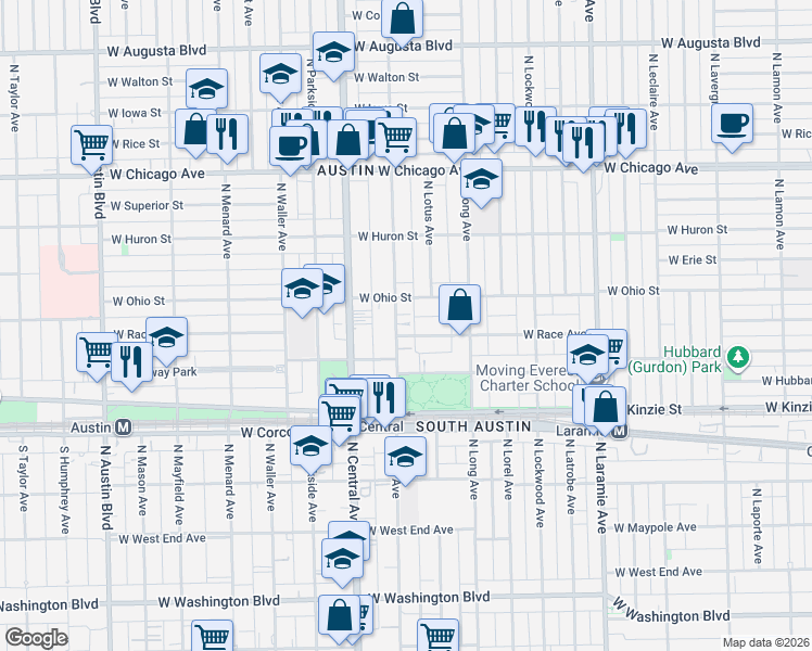 map of restaurants, bars, coffee shops, grocery stores, and more near 556 North Pine Avenue in Chicago
