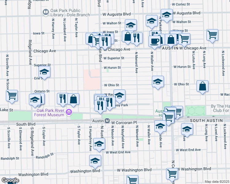map of restaurants, bars, coffee shops, grocery stores, and more near 5904 West Race Avenue in Chicago