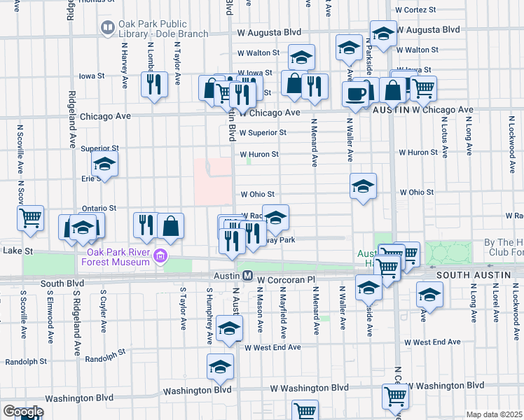 map of restaurants, bars, coffee shops, grocery stores, and more near 5942 West Race Avenue in Chicago