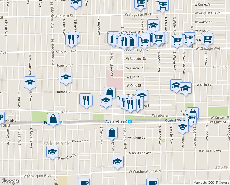 map of restaurants, bars, coffee shops, grocery stores, and more near 9 Ontario Street in Oak Park
