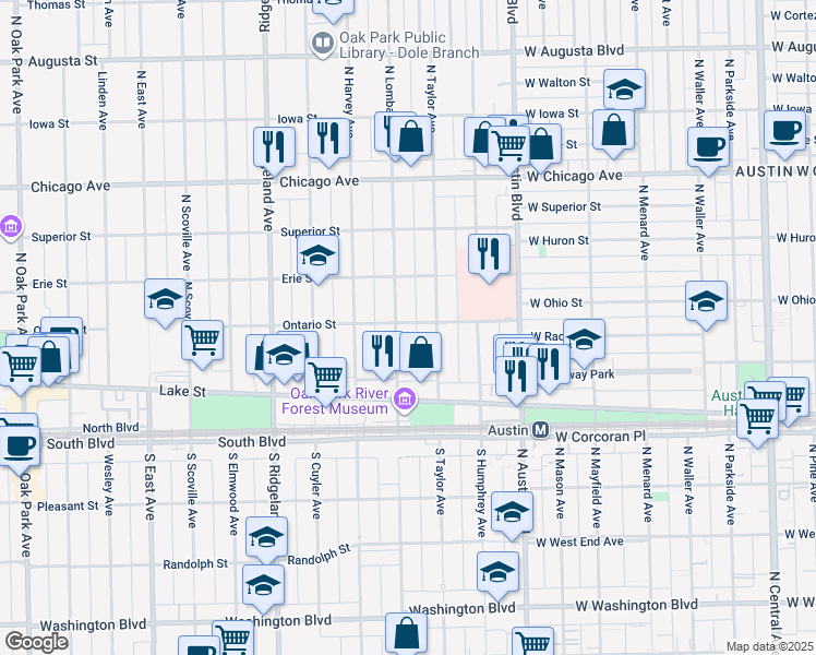 map of restaurants, bars, coffee shops, grocery stores, and more near 205 North Lombard Avenue in Oak Park