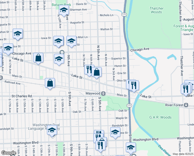 map of restaurants, bars, coffee shops, grocery stores, and more near 313 North 6th Avenue in Maywood