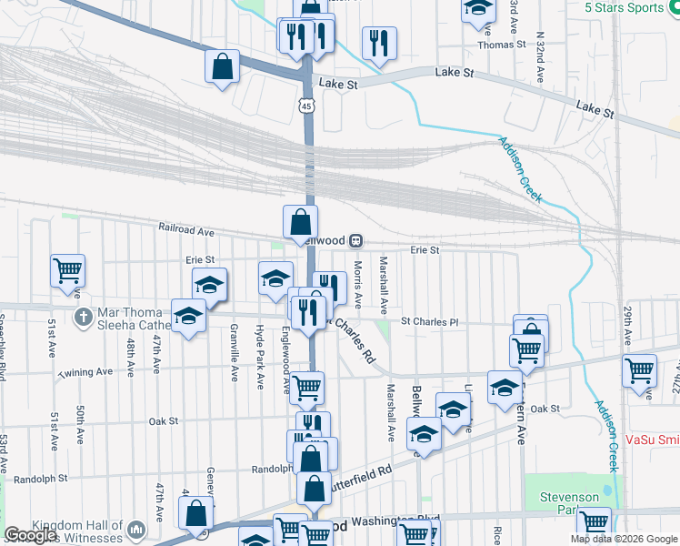 map of restaurants, bars, coffee shops, grocery stores, and more near 109 Frederick Avenue in Bellwood