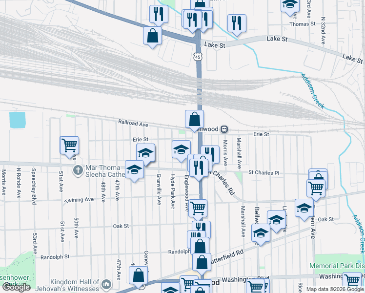 map of restaurants, bars, coffee shops, grocery stores, and more near 106 Englewood Avenue in Bellwood