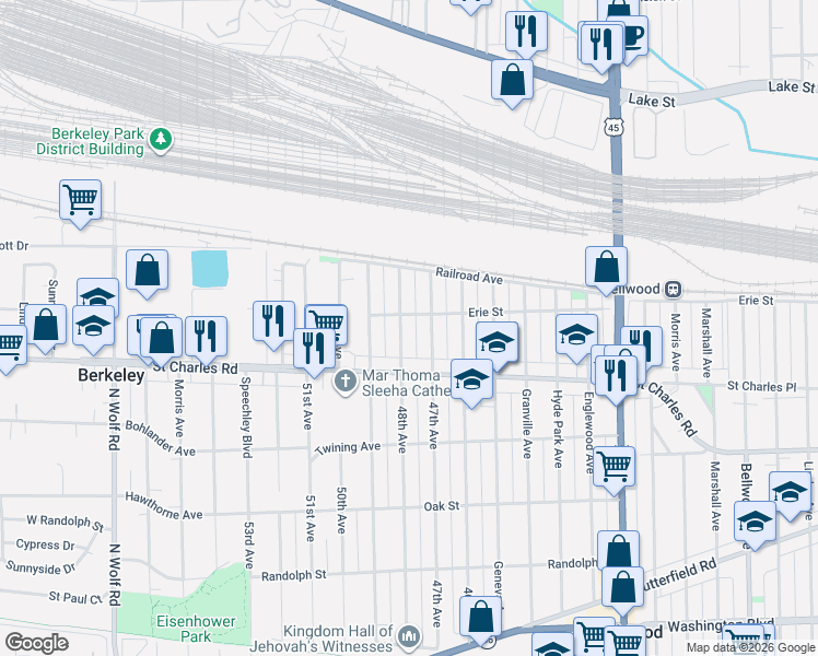map of restaurants, bars, coffee shops, grocery stores, and more near 100 47th Avenue in Bellwood