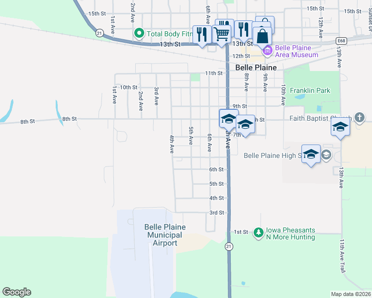 map of restaurants, bars, coffee shops, grocery stores, and more near 636-670 5th Avenue in Belle Plaine