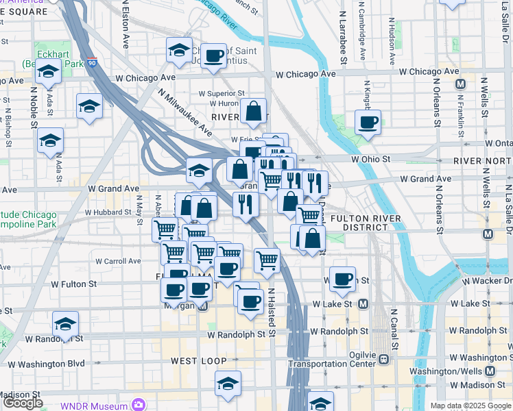 map of restaurants, bars, coffee shops, grocery stores, and more near 448 North Halsted Street in Chicago