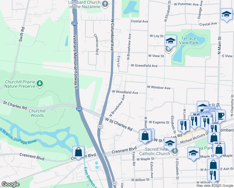 map of restaurants, bars, coffee shops, grocery stores, and more near 515 West Woodland Avenue in Lombard
