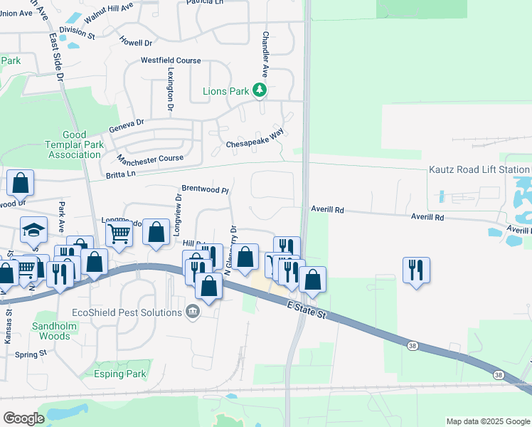 map of restaurants, bars, coffee shops, grocery stores, and more near 1433 Averill Circle in Geneva