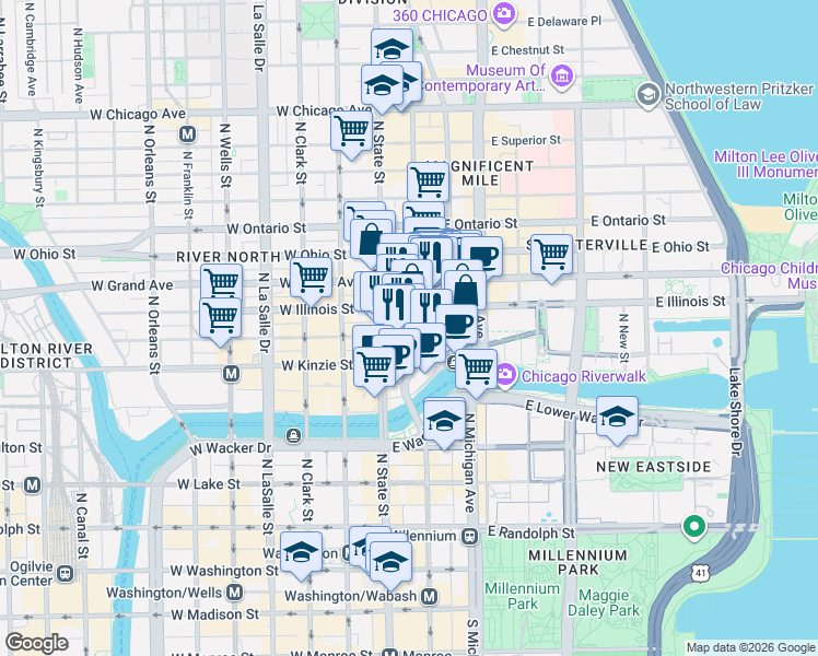map of restaurants, bars, coffee shops, grocery stores, and more near 22 East Hubbard Street in Chicago