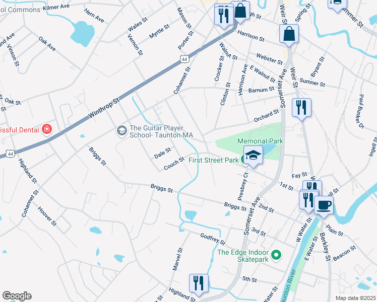 map of restaurants, bars, coffee shops, grocery stores, and more near 7 Couch Street in Taunton