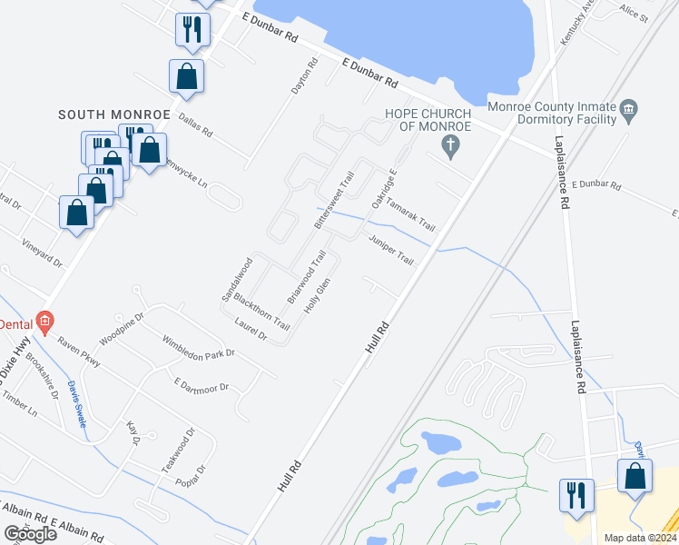 map of restaurants, bars, coffee shops, grocery stores, and more near 246 Holly Glen in Monroe