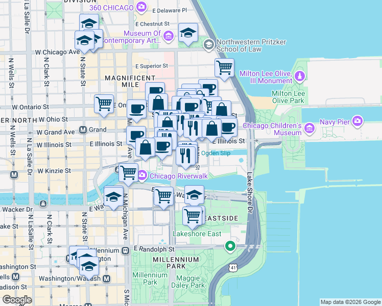 map of restaurants, bars, coffee shops, grocery stores, and more near 324 East Illinois Street in Chicago