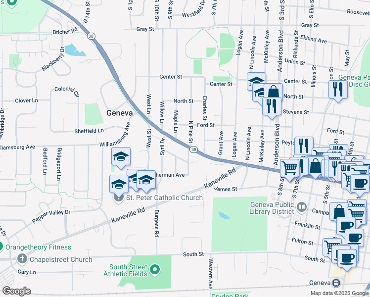 map of restaurants, bars, coffee shops, grocery stores, and more near 1504 West State Street in Geneva