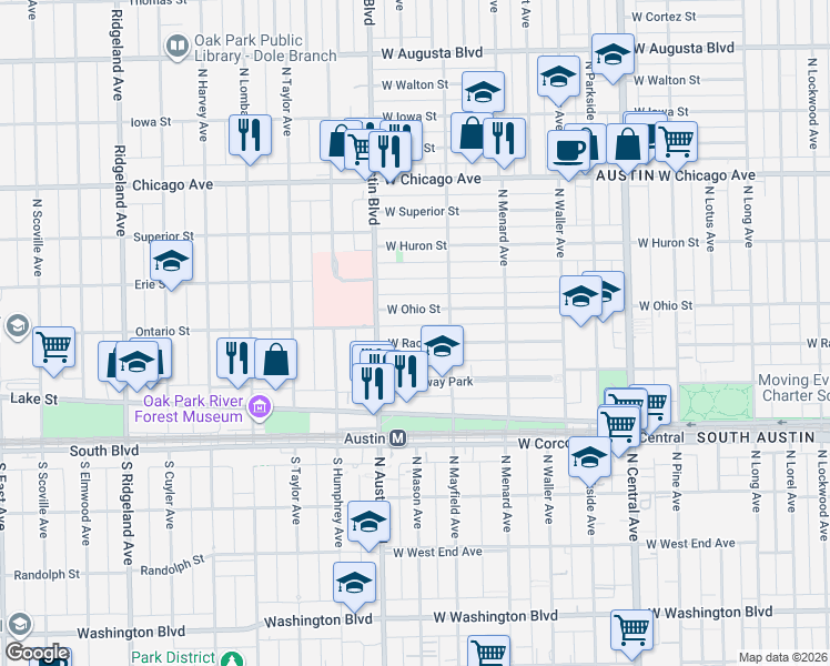 map of restaurants, bars, coffee shops, grocery stores, and more near 5942 West Race Avenue in Chicago