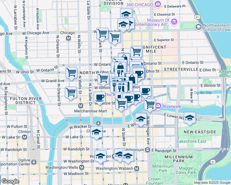map of restaurants, bars, coffee shops, grocery stores, and more near 11 West Illinois Street in Chicago