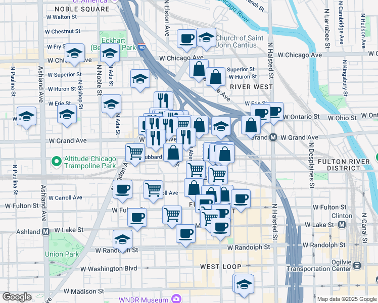 map of restaurants, bars, coffee shops, grocery stores, and more near 448 North Carpenter Street in Chicago