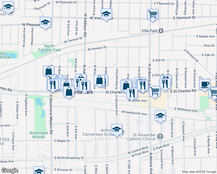 map of restaurants, bars, coffee shops, grocery stores, and more near 23 North Michigan Avenue in Villa Park