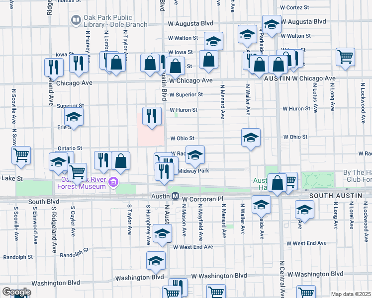 map of restaurants, bars, coffee shops, grocery stores, and more near 5942 West Race Avenue in Chicago
