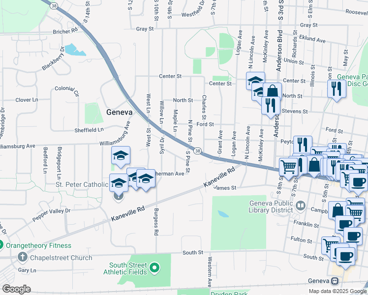 map of restaurants, bars, coffee shops, grocery stores, and more near 1506 West State Street in Geneva
