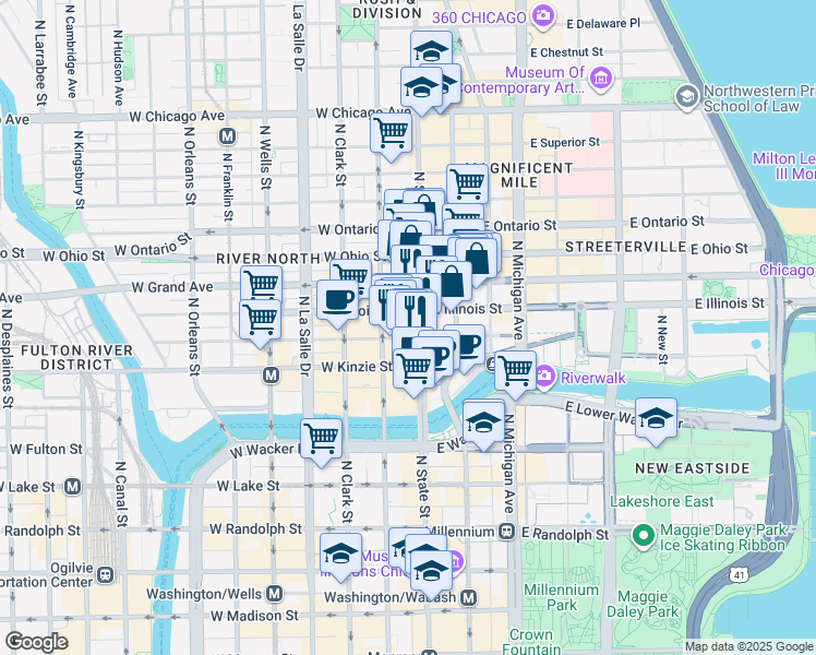 map of restaurants, bars, coffee shops, grocery stores, and more near 11 West Illinois Street in Chicago