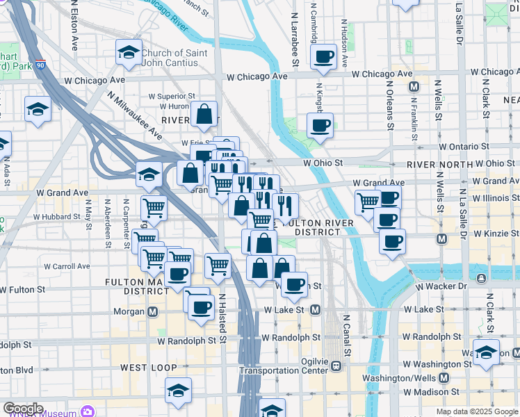 map of restaurants, bars, coffee shops, grocery stores, and more near 658 West Hubbard Street in Chicago