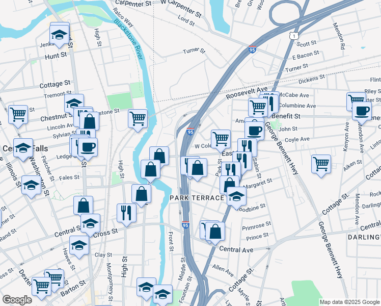 map of restaurants, bars, coffee shops, grocery stores, and more near 441 Fountain Street in Pawtucket