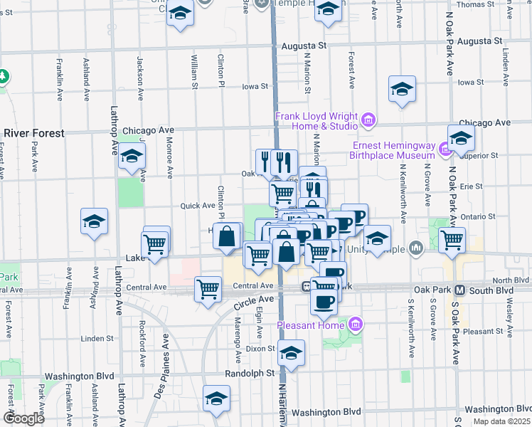 map of restaurants, bars, coffee shops, grocery stores, and more near 544 North Harlem Avenue in River Forest