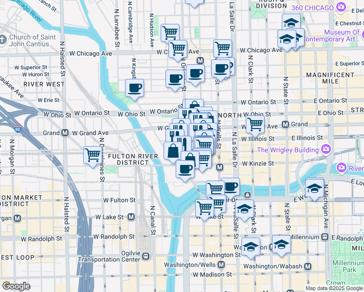 map of restaurants, bars, coffee shops, grocery stores, and more near 440 North Orleans Street in Chicago
