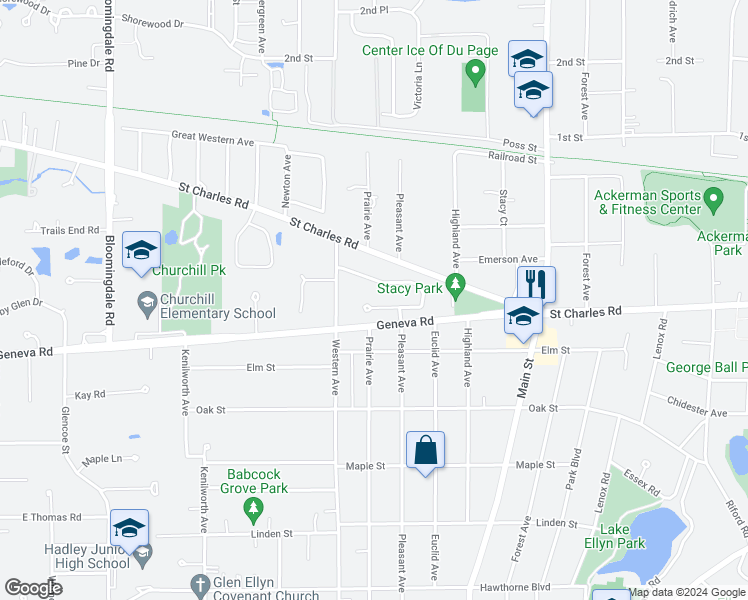 map of restaurants, bars, coffee shops, grocery stores, and more near 448 Stagecoach Court in Glen Ellyn
