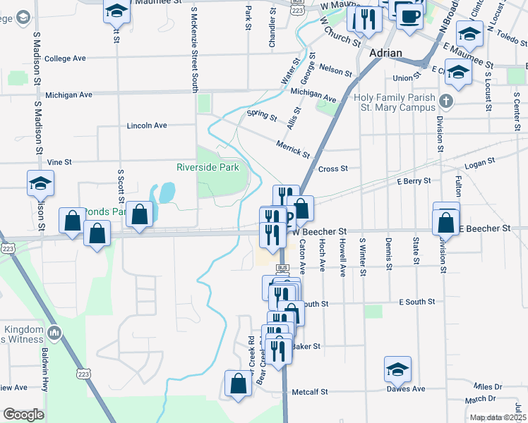 map of restaurants, bars, coffee shops, grocery stores, and more near 374 Crystal Spring Avenue in Adrian