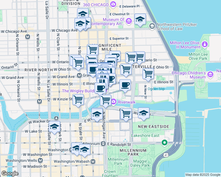 map of restaurants, bars, coffee shops, grocery stores, and more near 435 North Michigan Avenue in Chicago