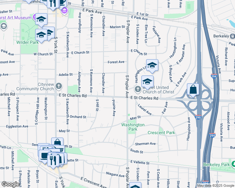 map of restaurants, bars, coffee shops, grocery stores, and more near 261 East Saint Charles Road in Elmhurst
