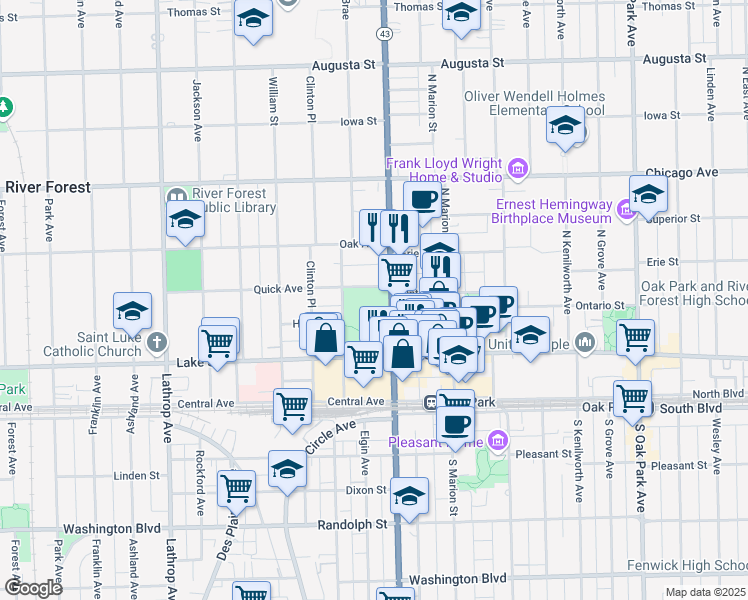 map of restaurants, bars, coffee shops, grocery stores, and more near 544 North Harlem Avenue in River Forest