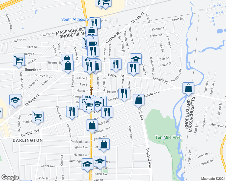 map of restaurants, bars, coffee shops, grocery stores, and more near 88 Senate Street in Pawtucket