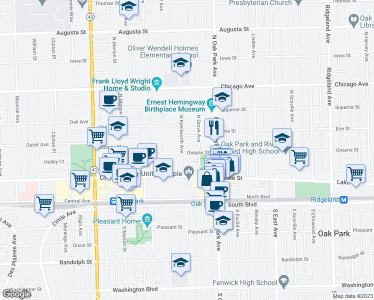map of restaurants, bars, coffee shops, grocery stores, and more near 200 North Kenilworth Avenue in Oak Park