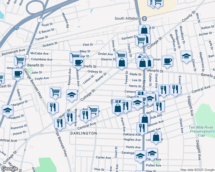 map of restaurants, bars, coffee shops, grocery stores, and more near 29 Harris Street in Pawtucket